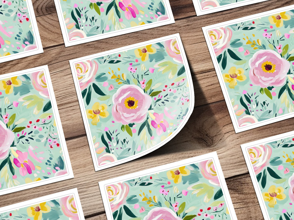 Abstract Floral Seamless Pattern Digital, Spring Ditsy Green Pink Yellow Flowers, Modern Gouache Painted Fine Art Floral Print, Digital