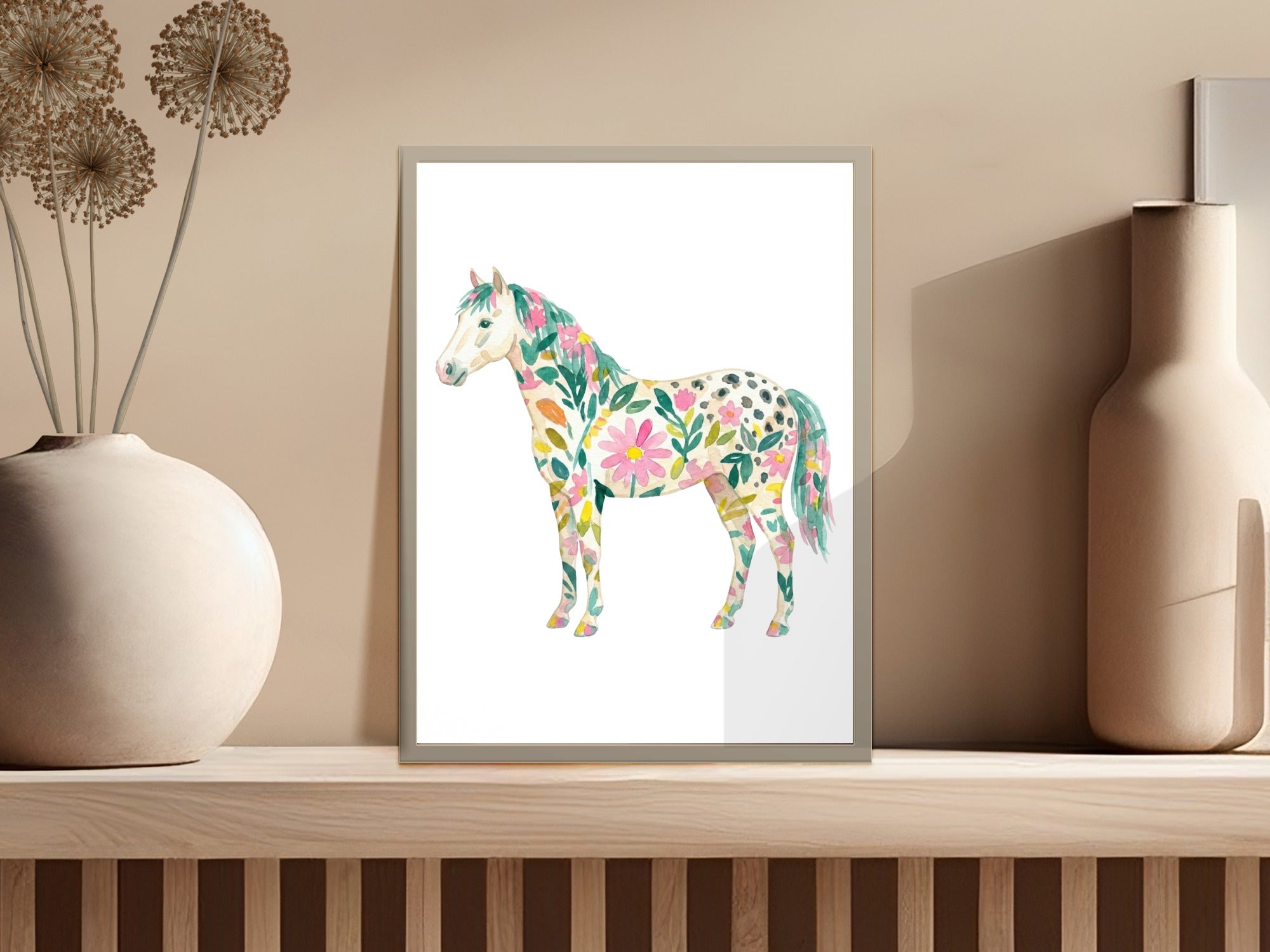 Watercolor horse illustration with floral and polka dot patterns.