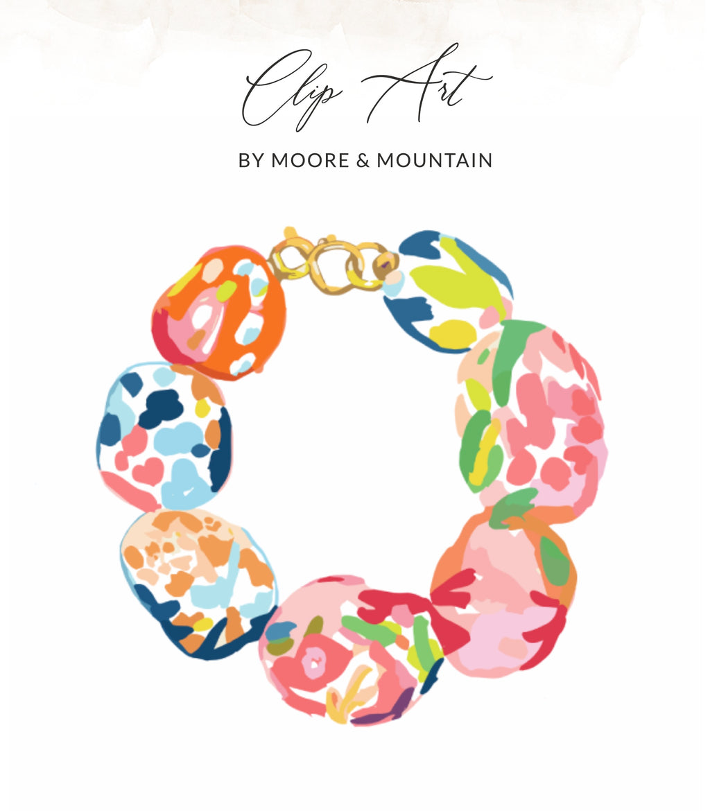 Colorful, abstract beaded bracelet with gold clasp, Clip Art by Moore & Mountain.