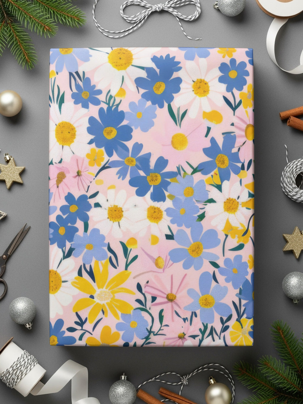 Floral Gift Wrap with Blue and Yellow Daisies