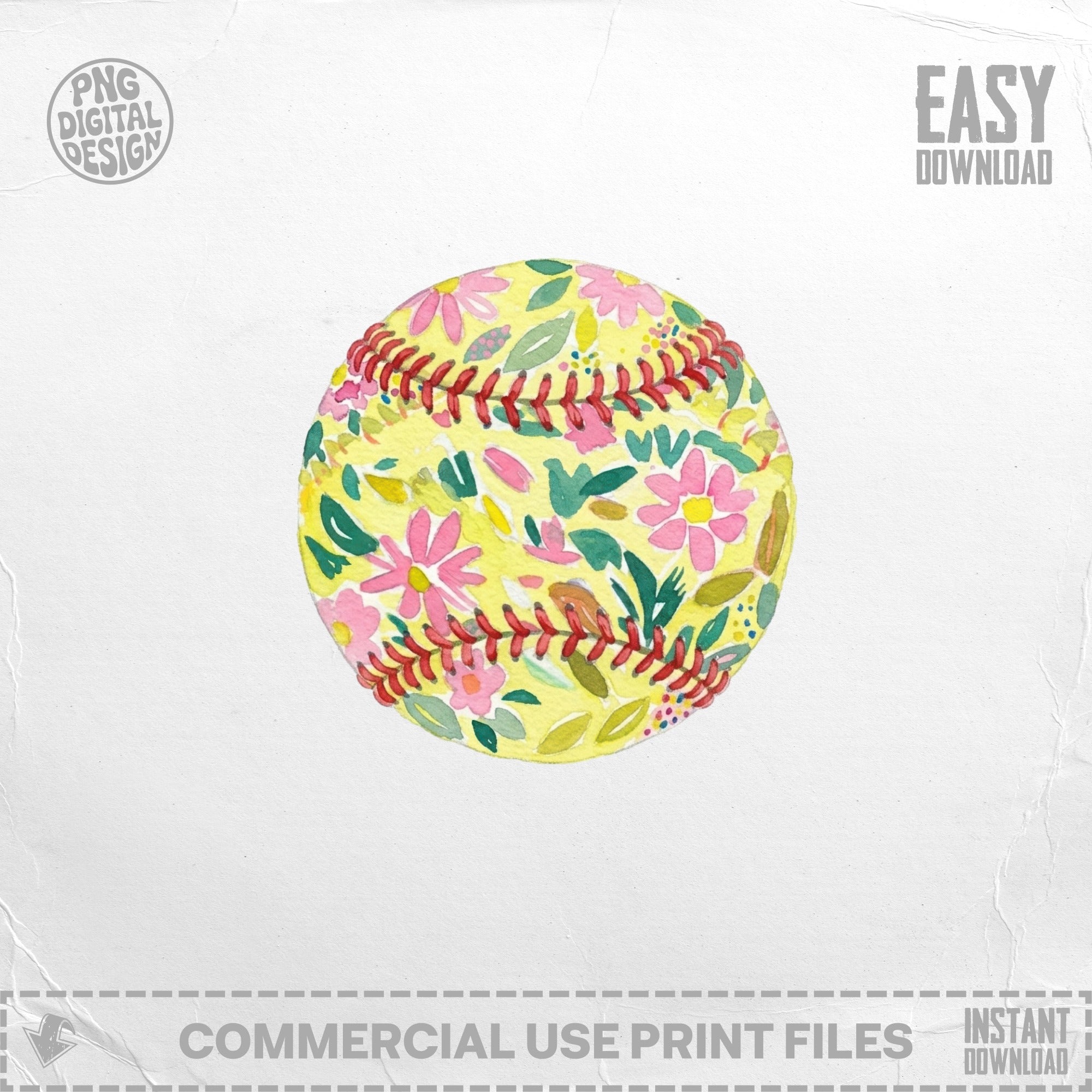 Watercolor baseball with pink flowers and green leaves, "PNG DIGITAL DESIGN" and "EASY DOWNLOAD" text.