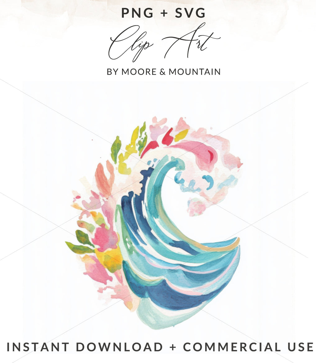 Watercolor wave with colorful flowers, PNG + SVG, Instant Download.