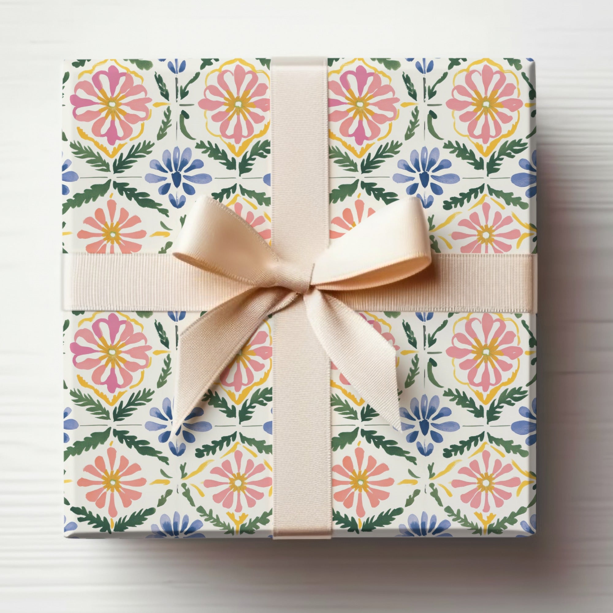 Elegant Floral Pattern Gift Wrap with Cream Bow