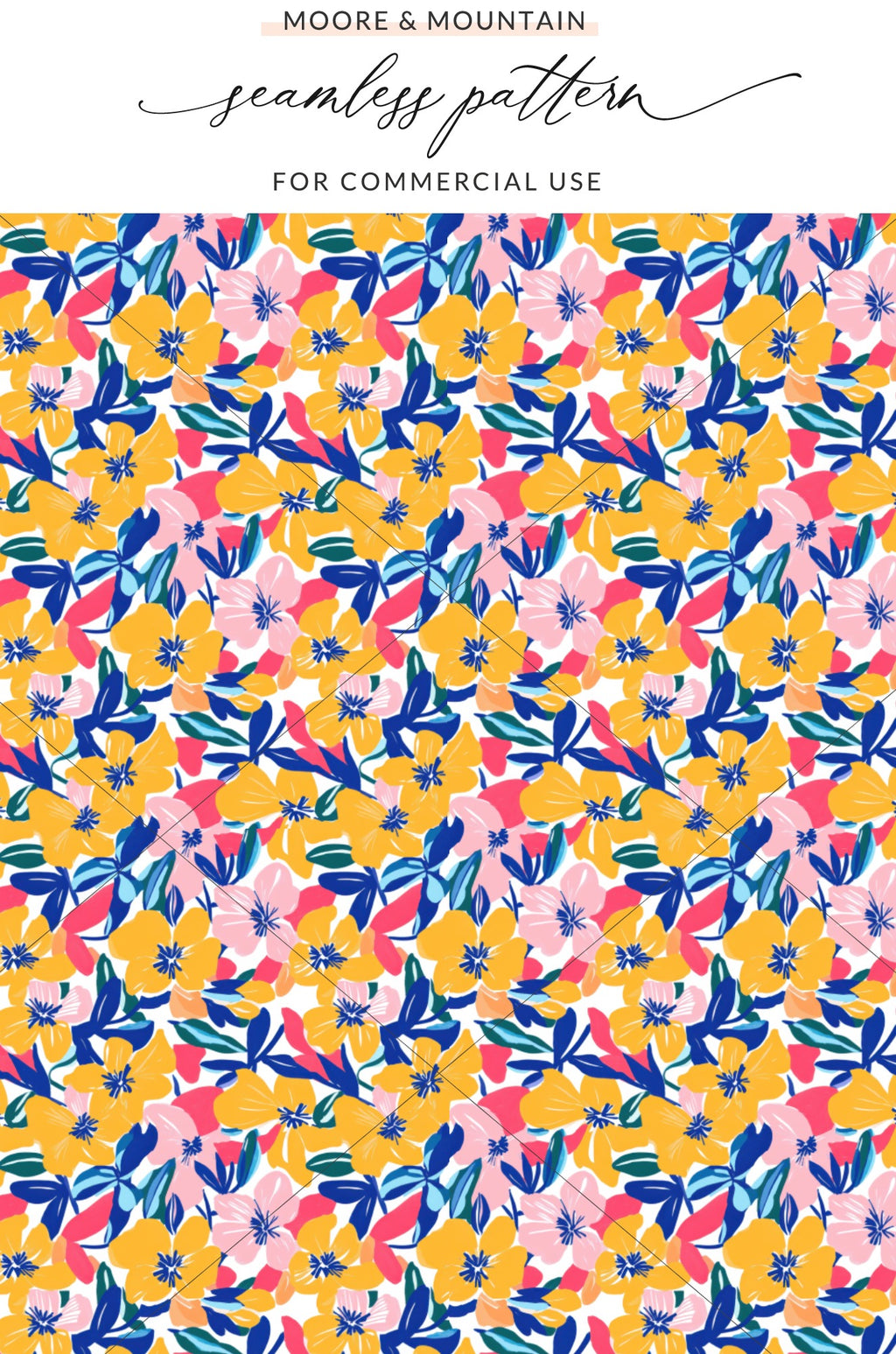 Seamless pattern with pink, blue, and yellow flowers on a white background.