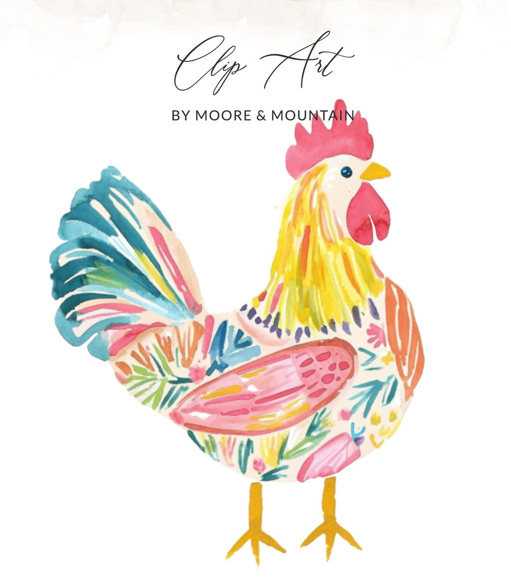 Watercolor rooster with floral patterns by Moore & Mountain.