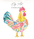Watercolor rooster with floral patterns by Moore & Mountain.