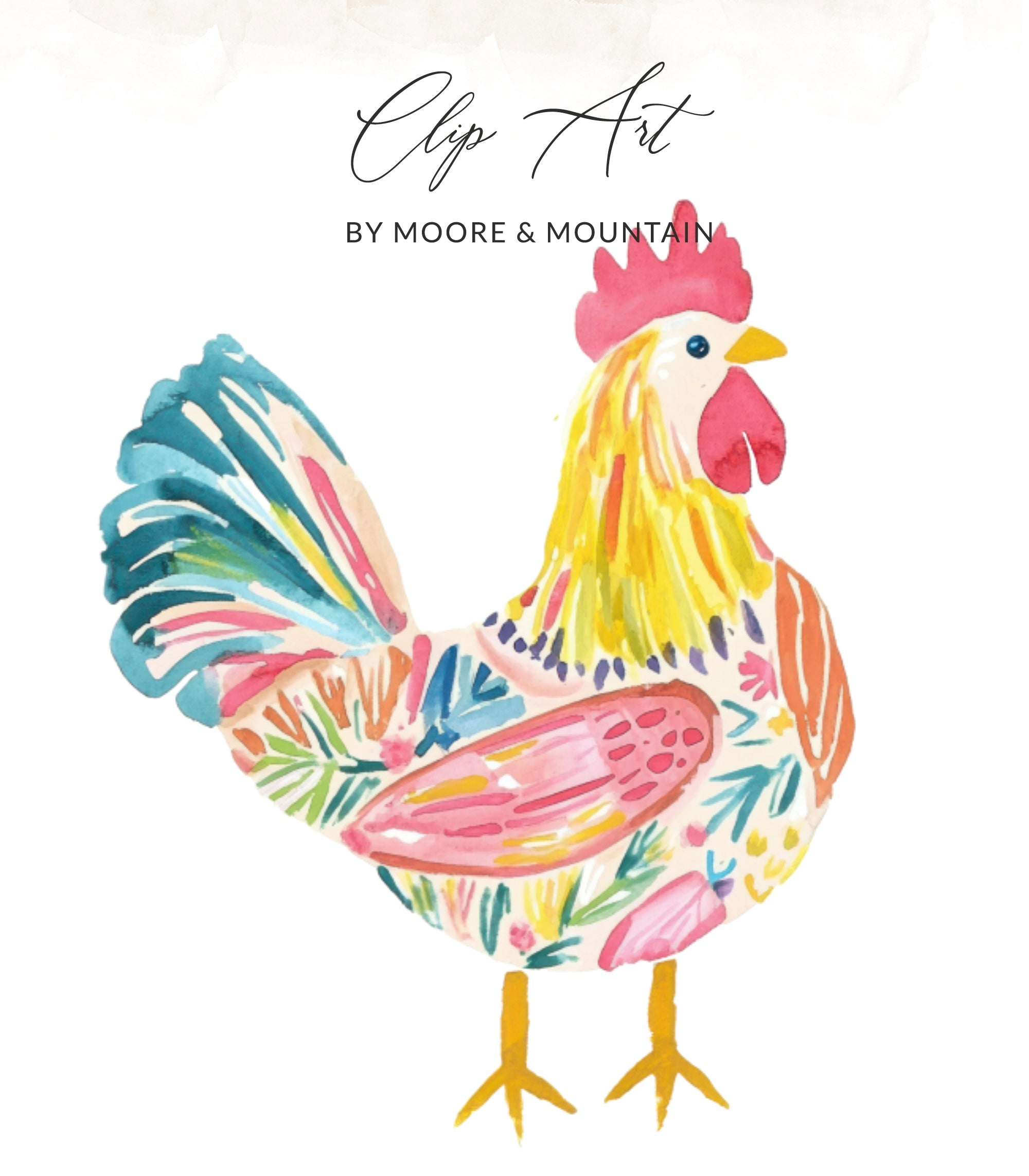 Watercolor rooster with floral patterns by Moore & Mountain.