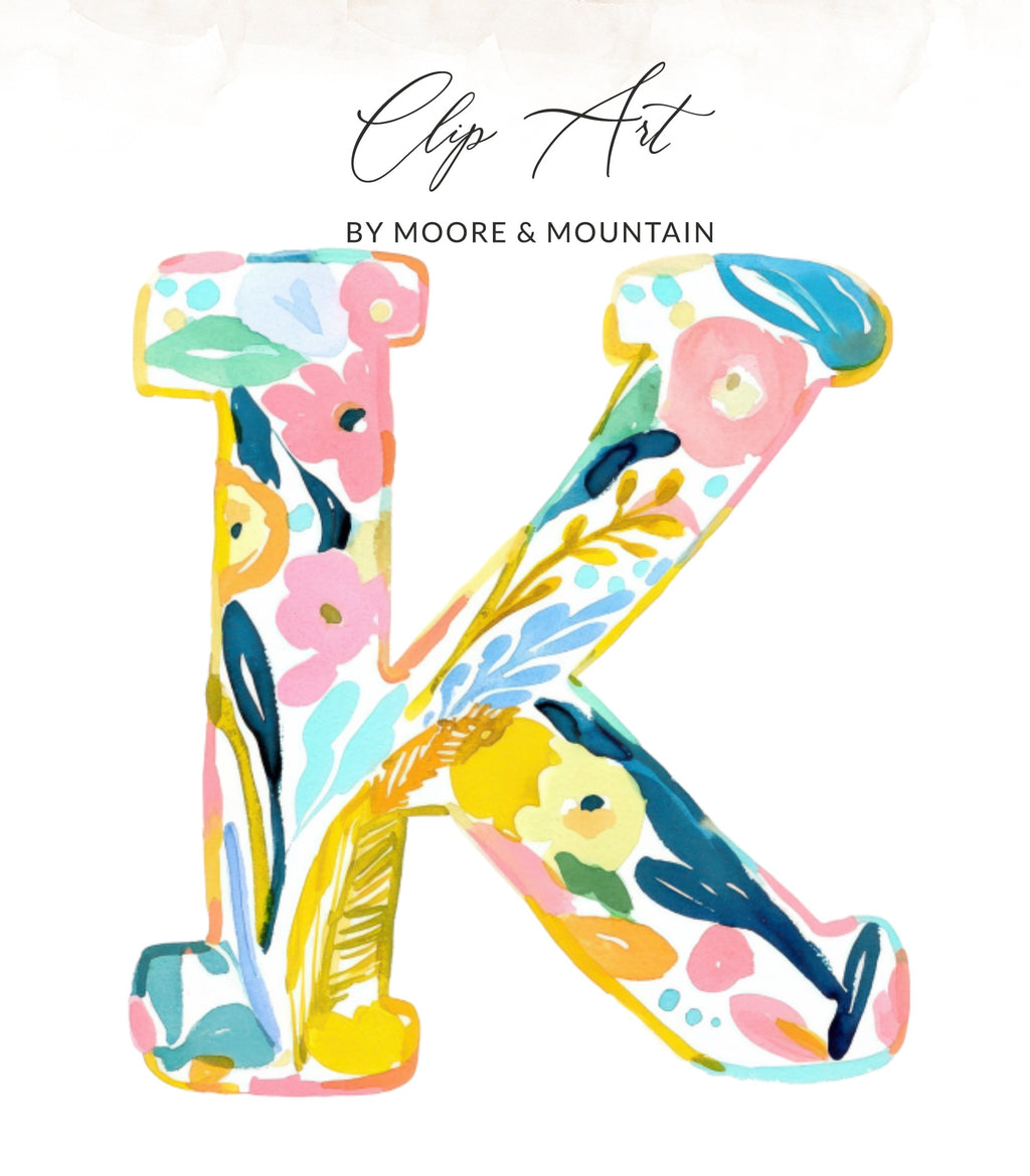 Floral letter K with "Clip Art" and "BY MOORE & MOUNTAIN" text.
