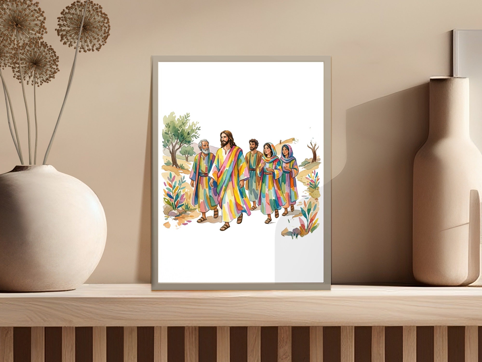 Jesus and disciples walking in colorful robes against a scenic backdrop.