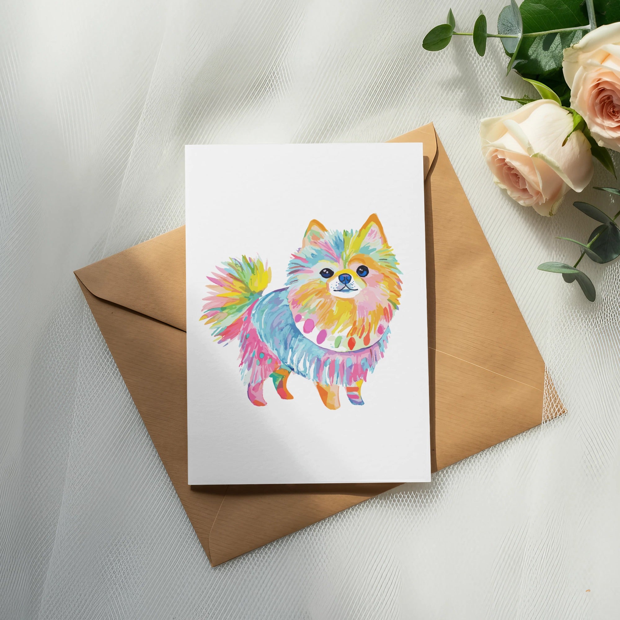 Watercolor illustration of a colorful Pomeranian dog on a card.