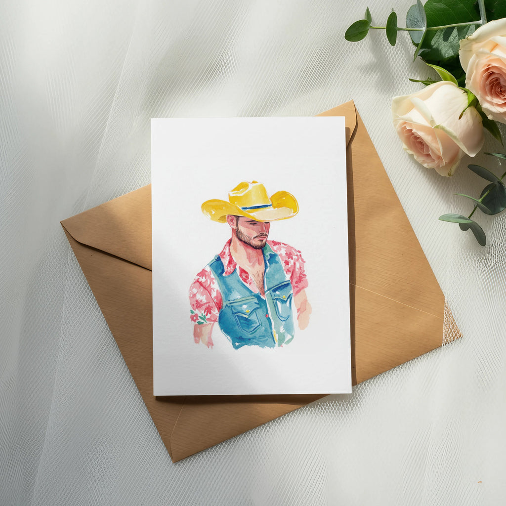 Watercolor illustration of a man in a cowboy hat on a card.