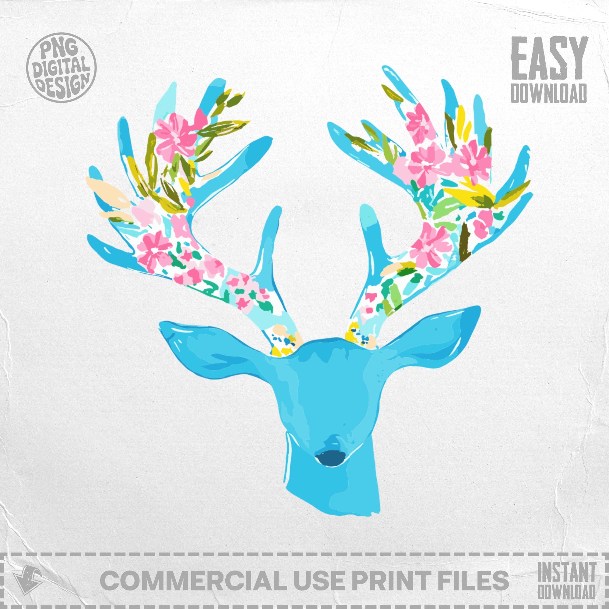 Turquoise deer head with floral antlers, "Easy Download" text.