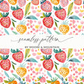 Seamless pattern of watercolor strawberries, leaves, and flowers.
