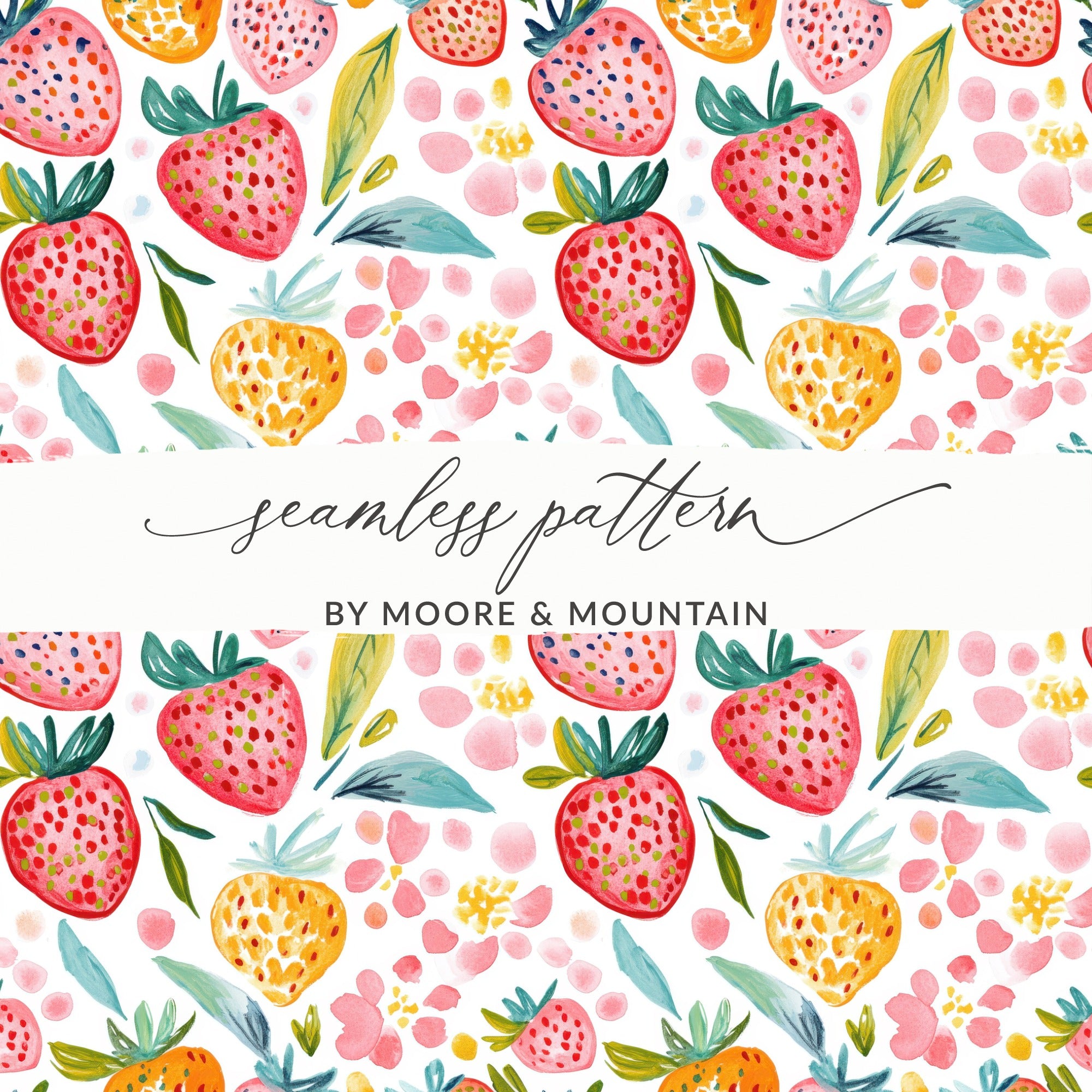 Seamless pattern of watercolor strawberries, leaves, and flowers.
