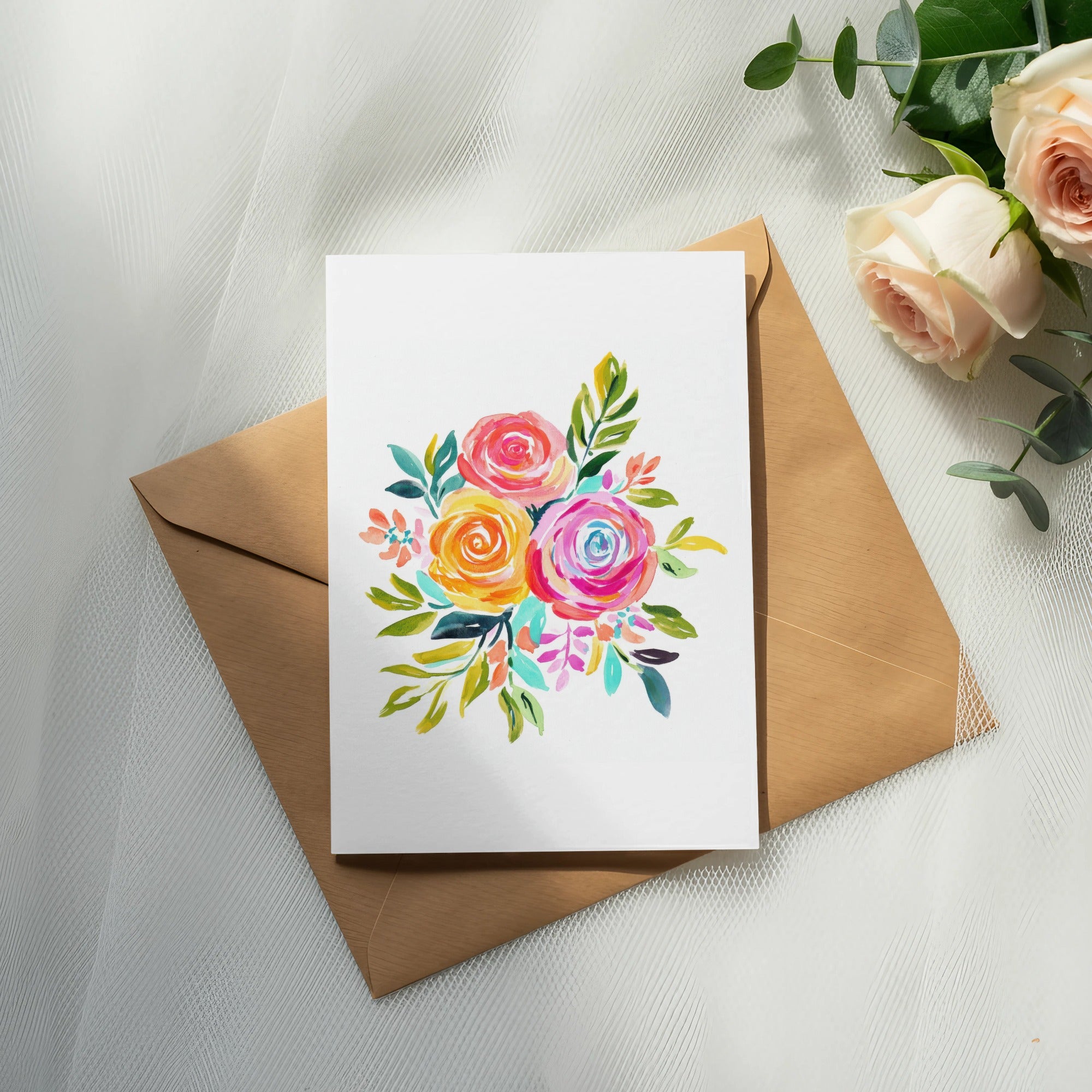 Watercolor floral bouquet illustration on card over brown envelope with roses.