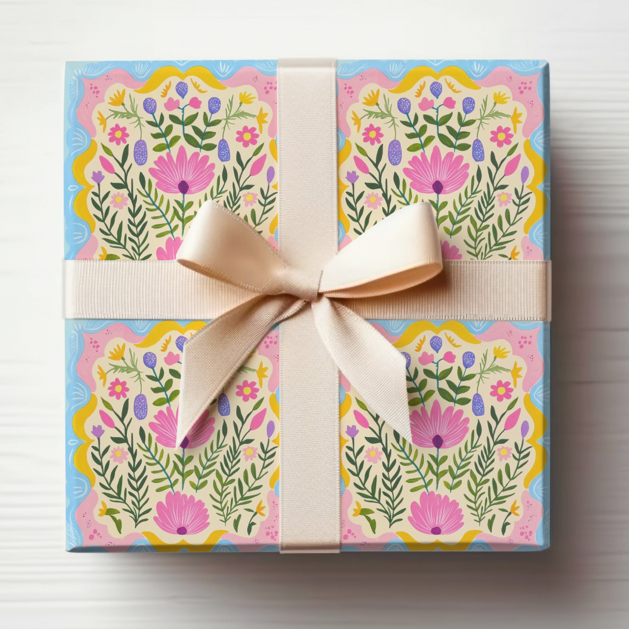 Colorful Floral Gift Wrap with Cream Ribbon Product