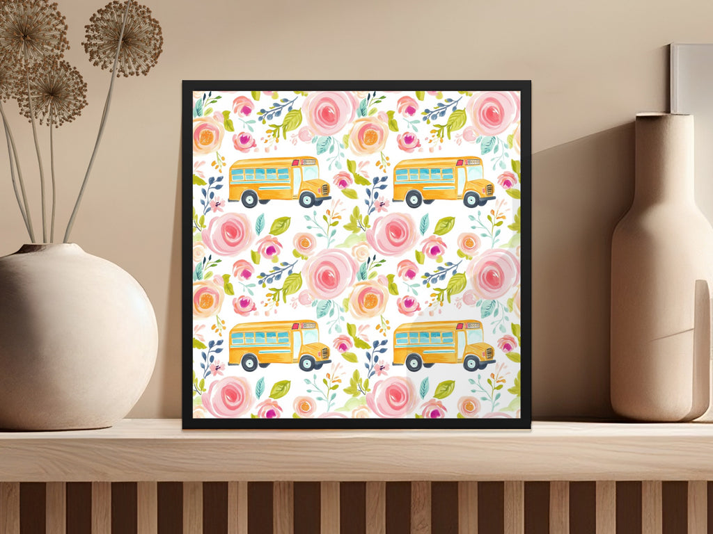 Colorful School Bus and Floral Pattern Art Print