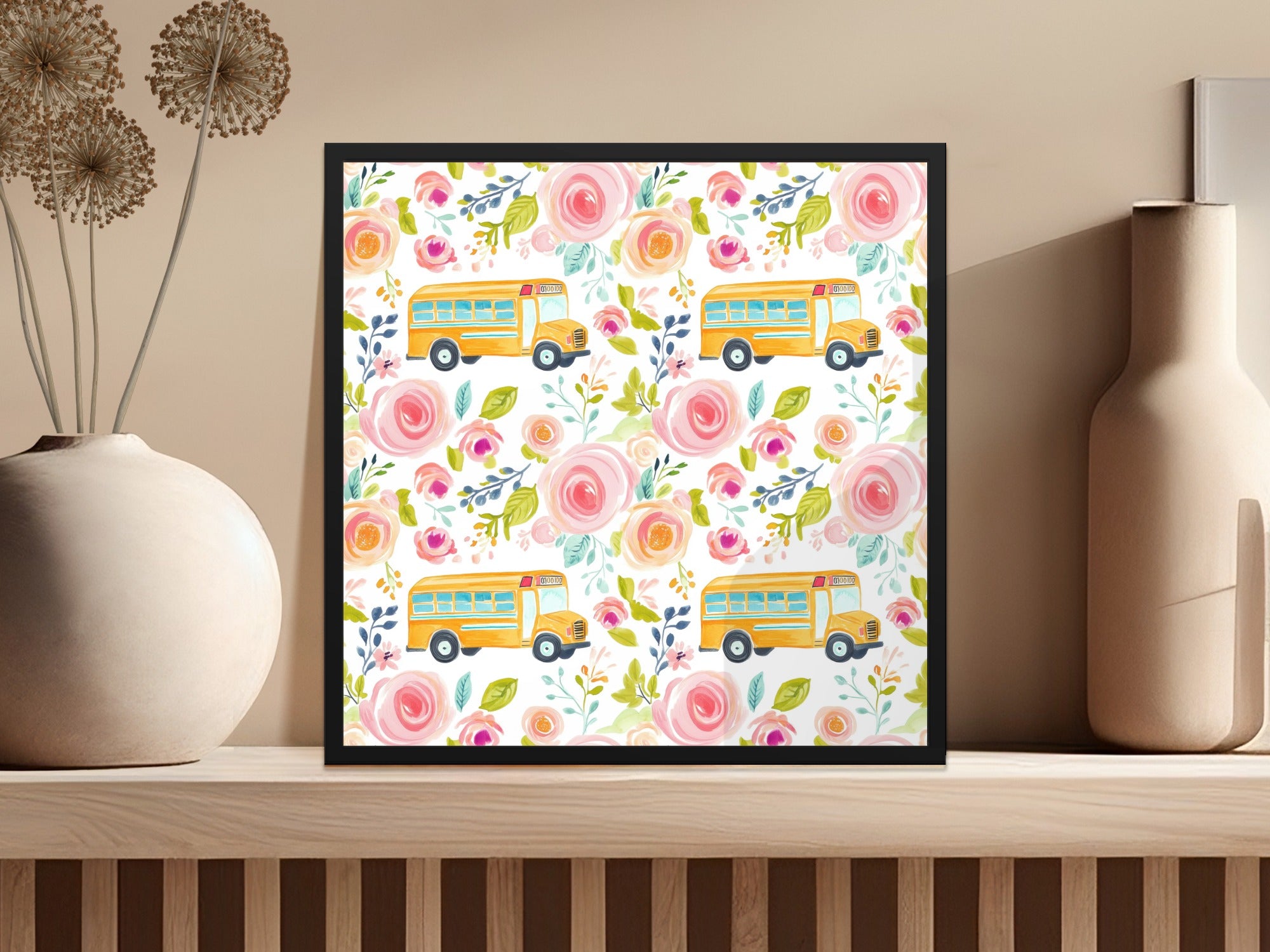 Colorful School Bus and Floral Pattern Art Print