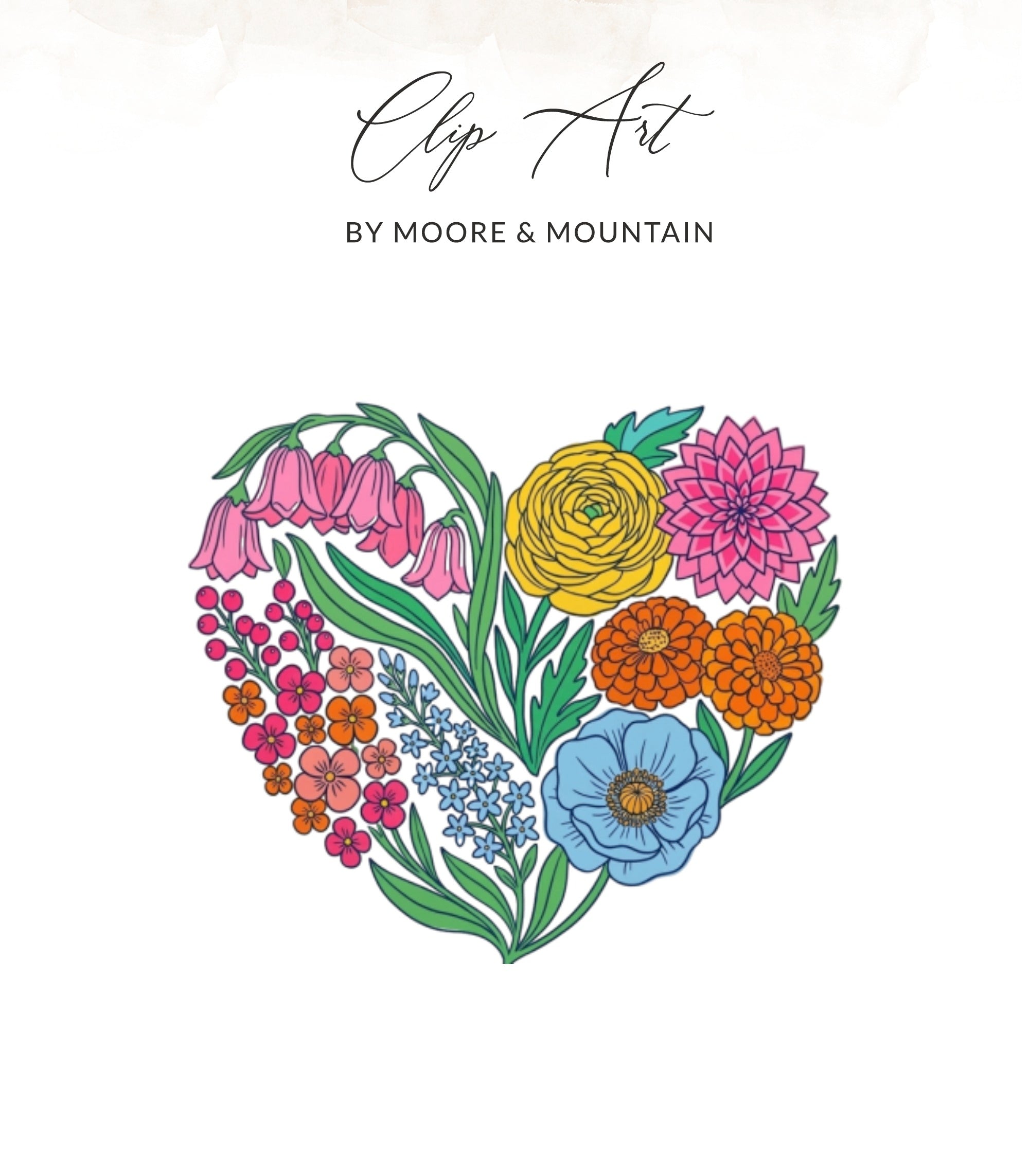Heart-shaped floral illustration with "Clip Art" and "BY MOORE & MOUNTAIN".