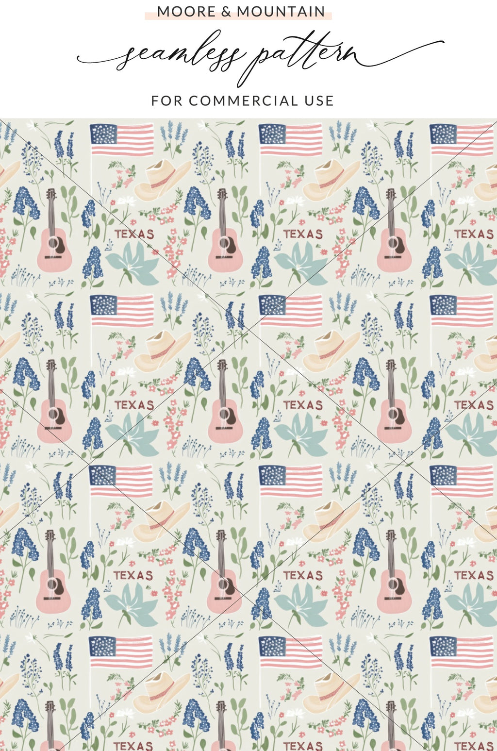 Texas Floral Guitar and USA Flags Seamless Pattern Design