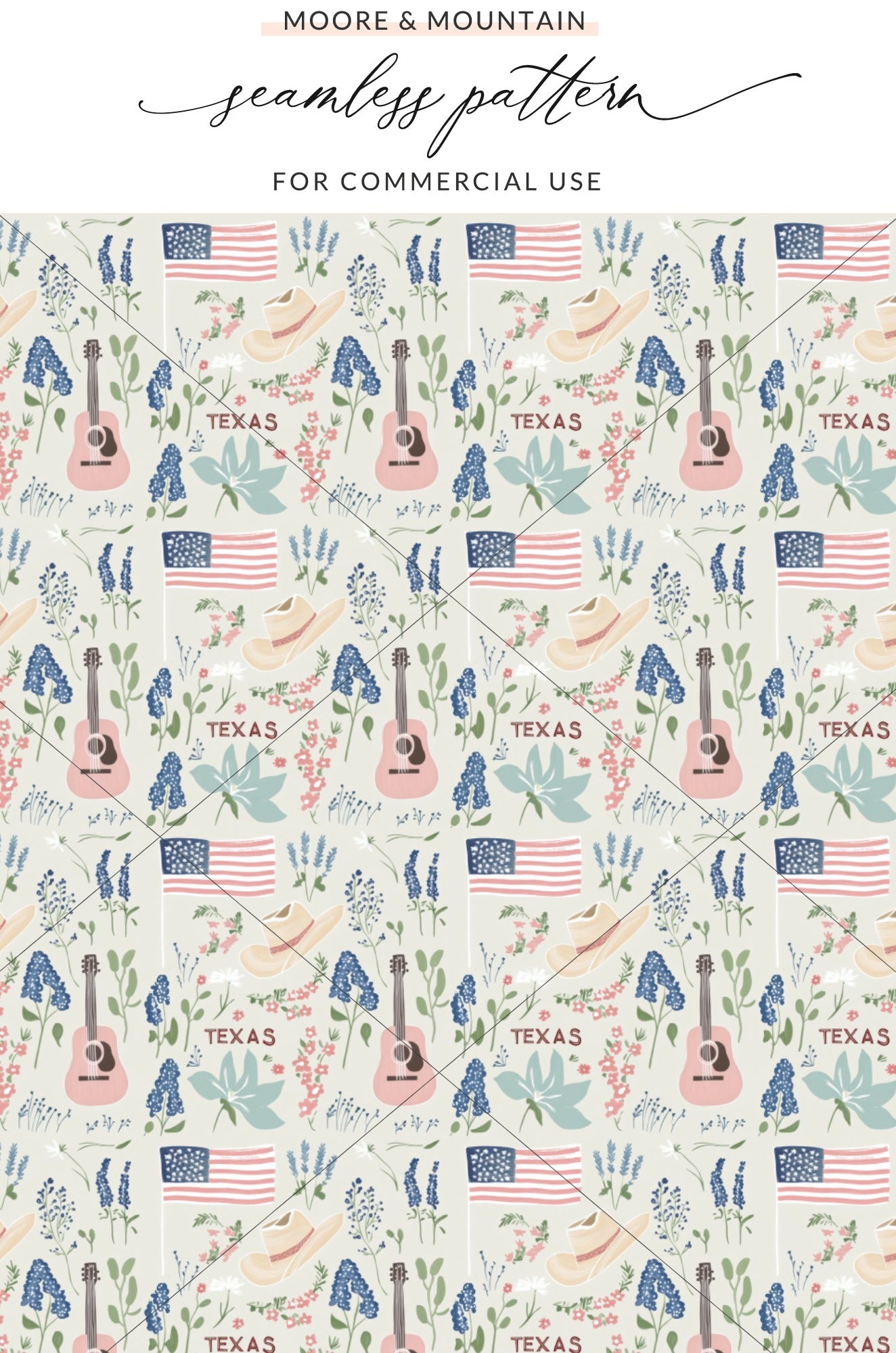 Texas Floral Guitar and USA Flags Seamless Pattern Design