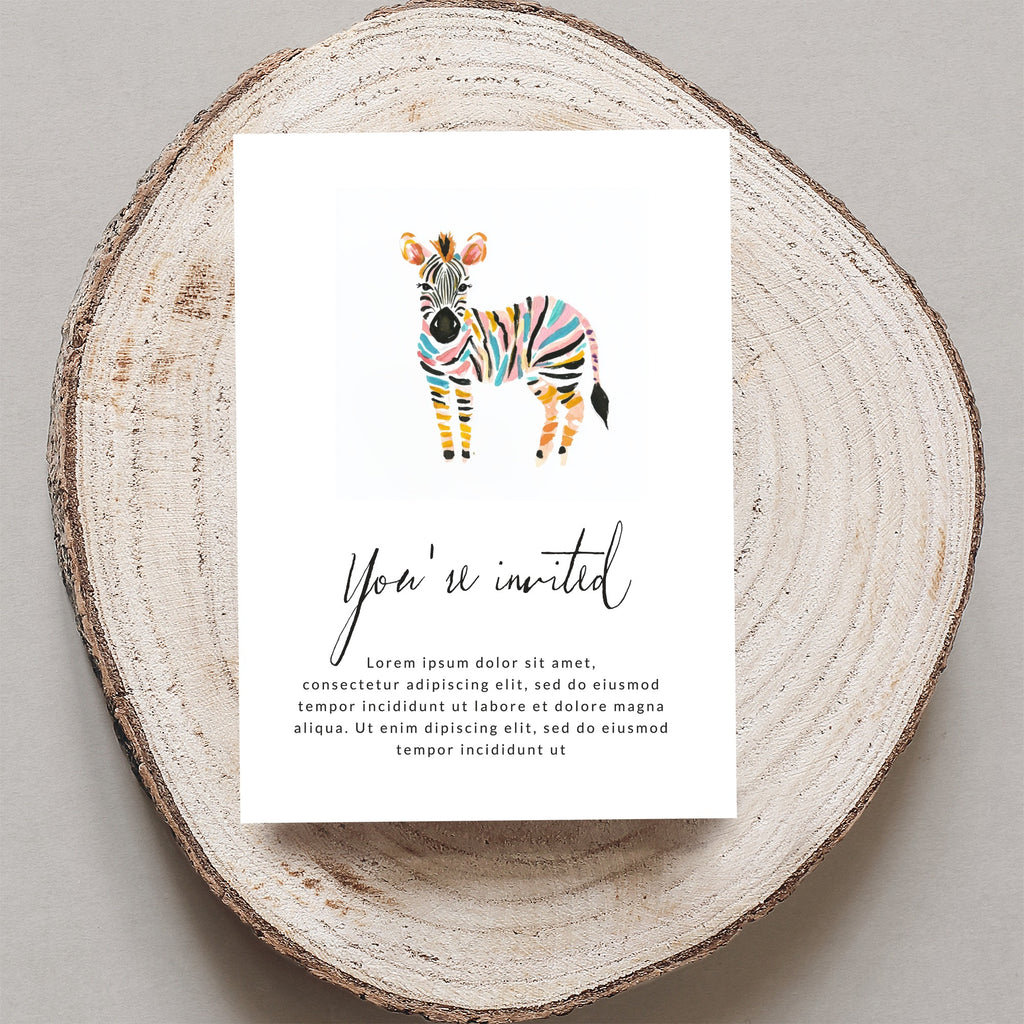 Zebra illustration on "You're invited" card with placeholder text.