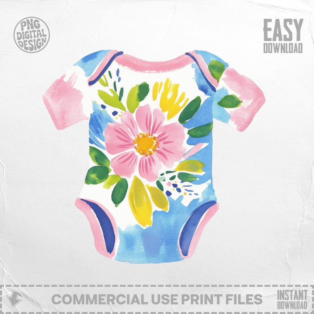 Floral watercolor baby onesie with pink and blue design.