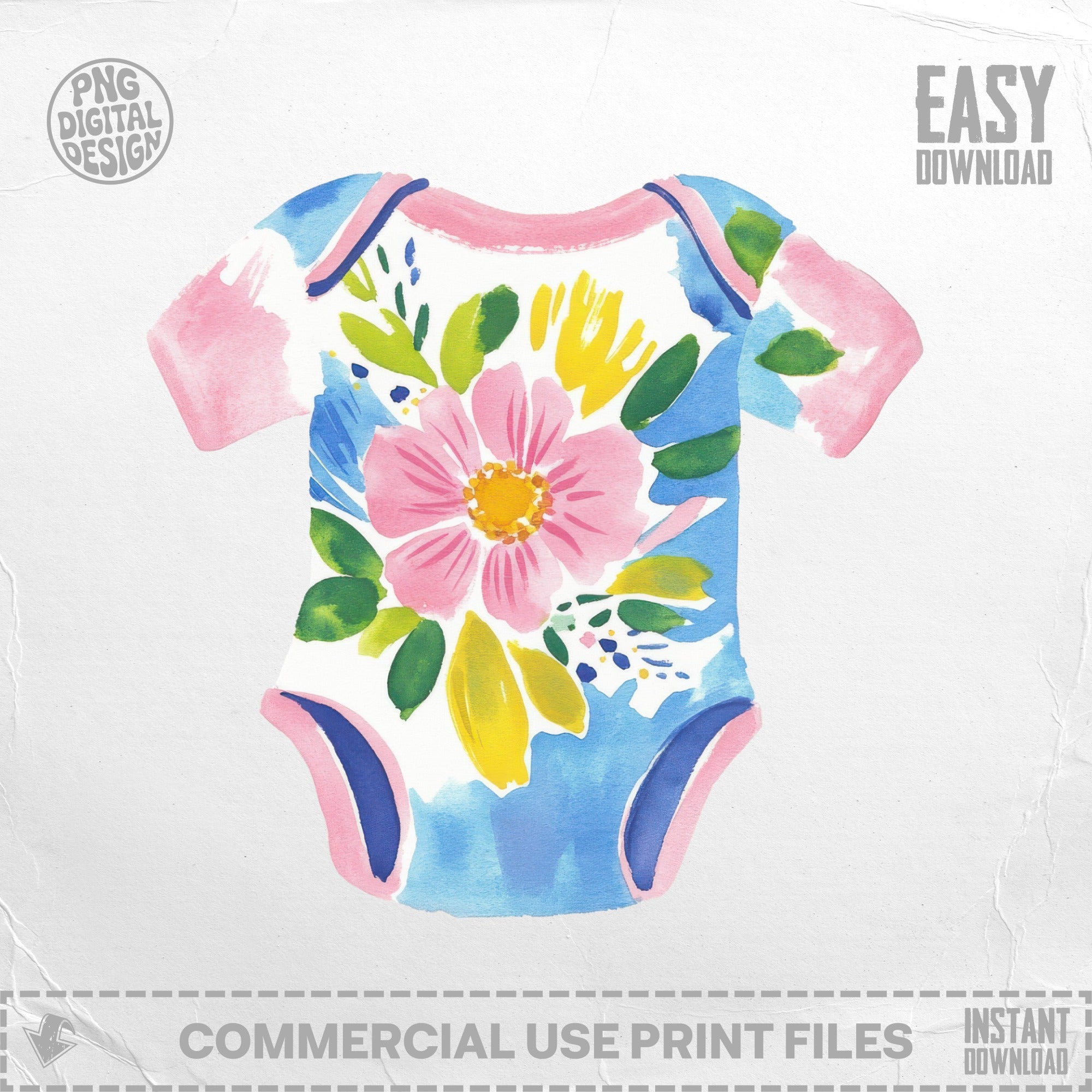 Floral watercolor baby onesie with pink and blue design.