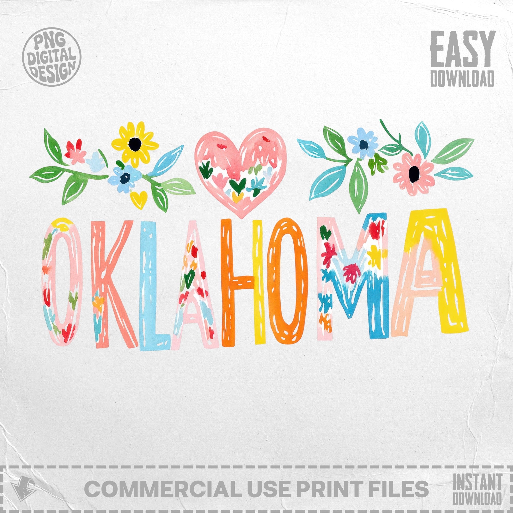 Colorful "OKLAHOMA" text with floral accents and a heart above.