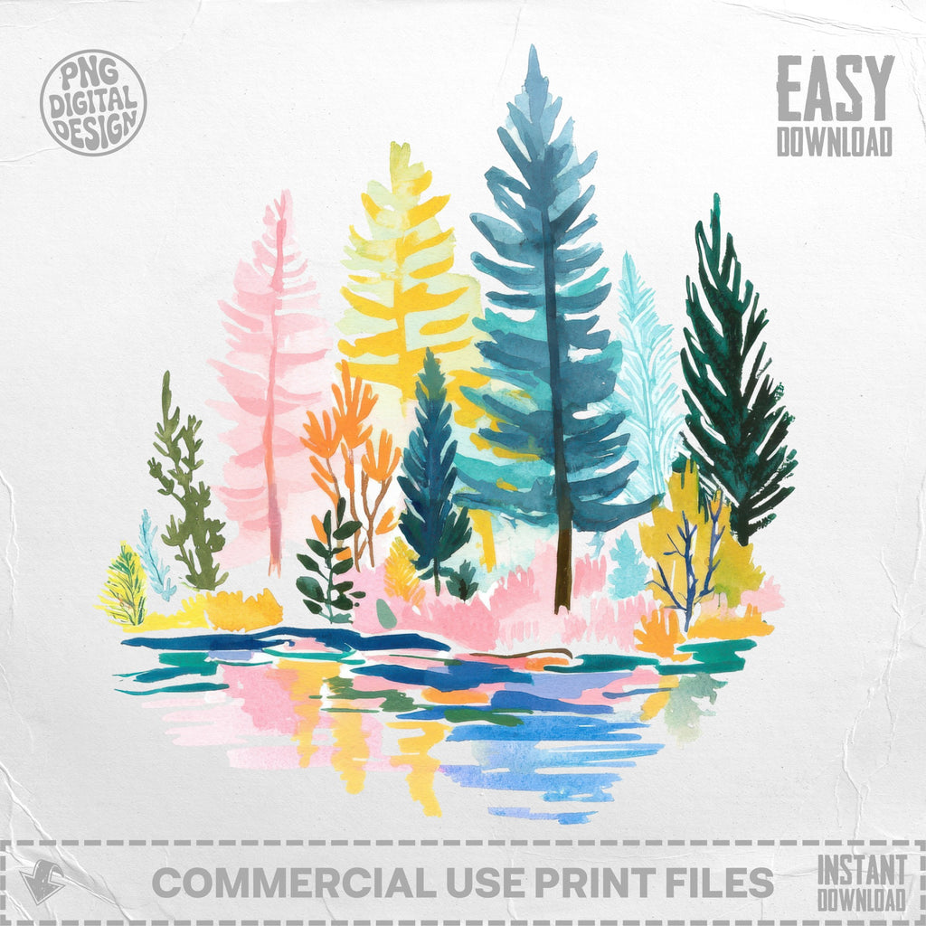 Watercolor trees reflected in water with "Easy Download" in the corner.