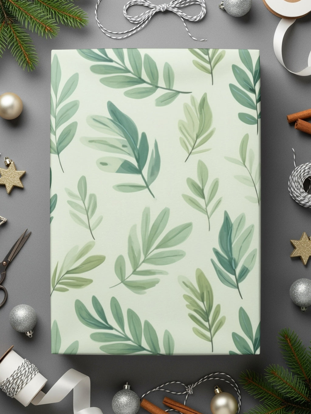 Festive Botanical Green Leaves on Off-White Wrapping Paper
