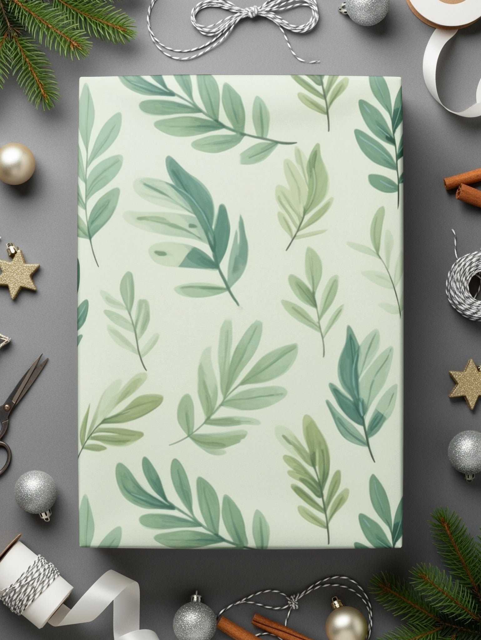 Festive Botanical Green Leaves on Off-White Wrapping Paper