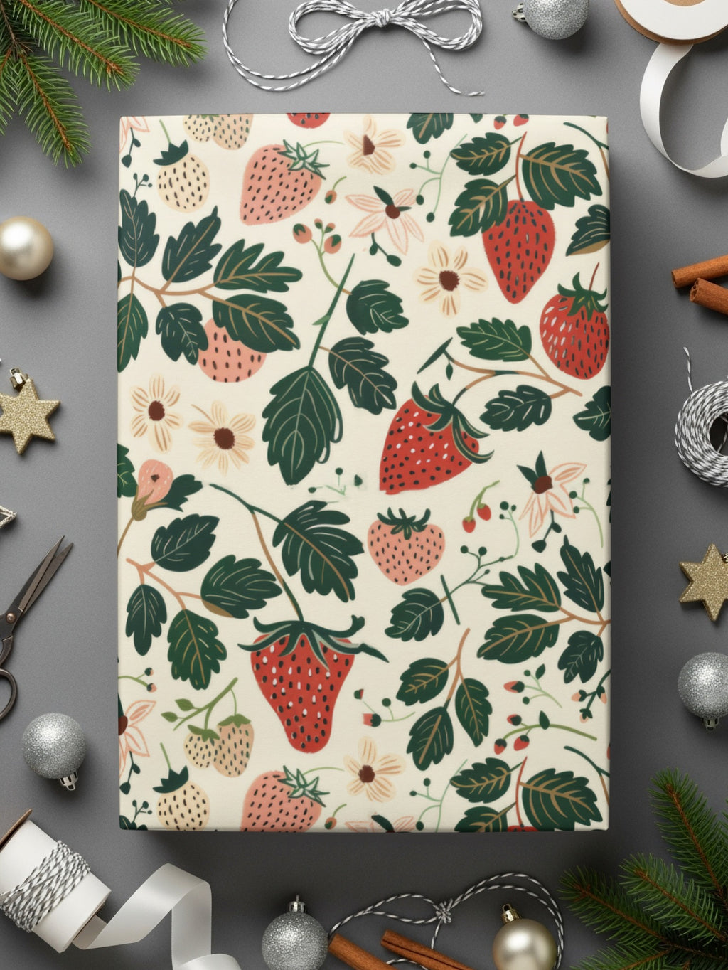 Charming Strawberry and Floral Pattern Gift Wrap
