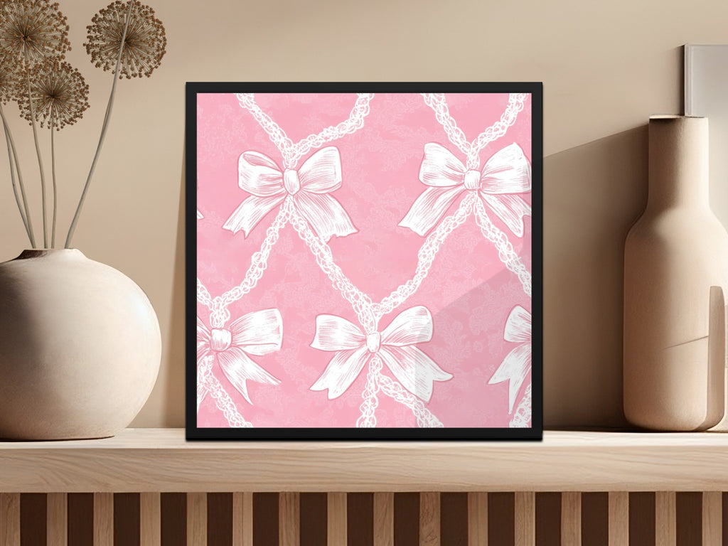 Pink Bow Patterned Artwork in Black Frame Wall Decor