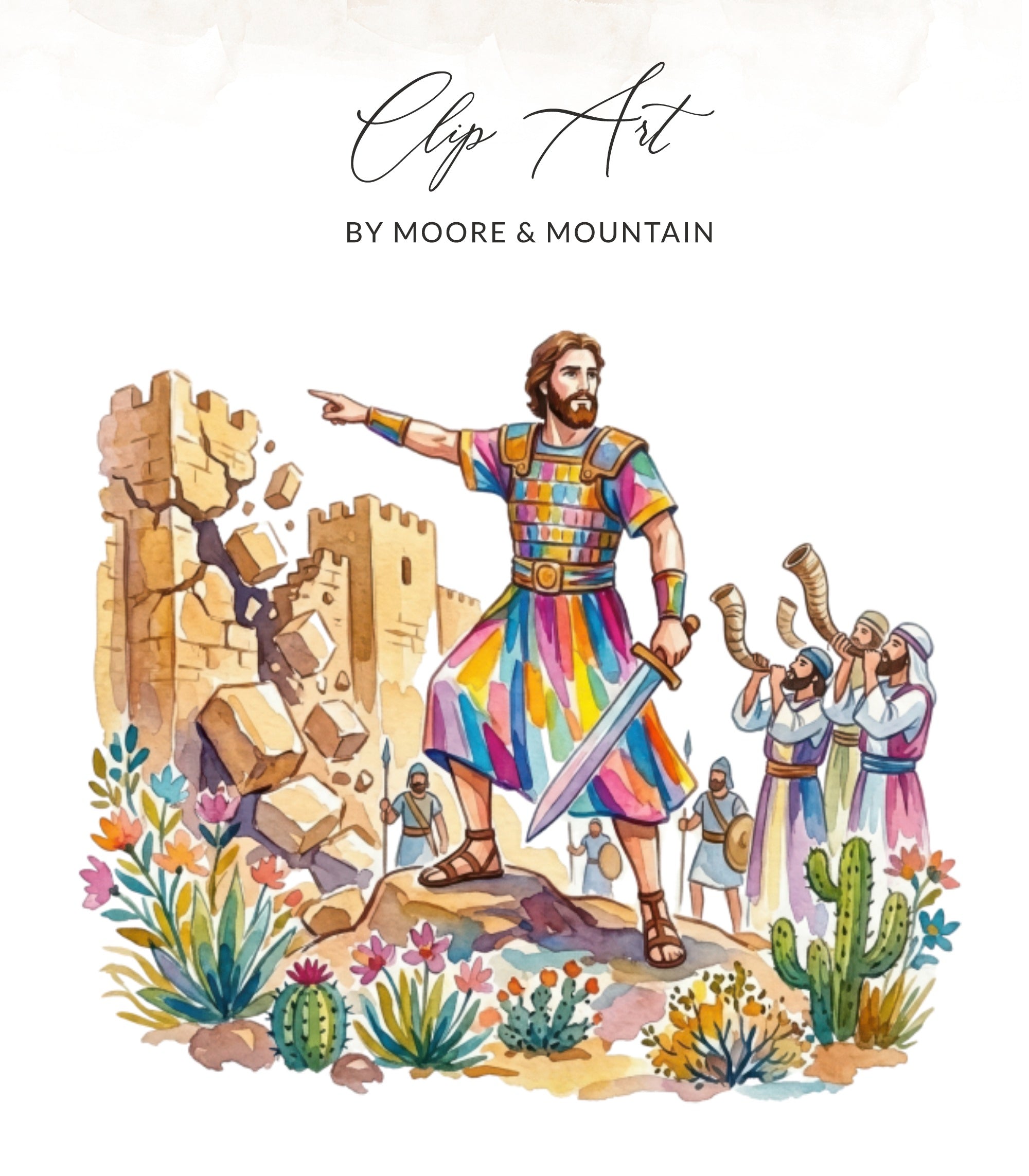 Watercolor clip art of a man in armor pointing, with ruins and musicians playing horns.