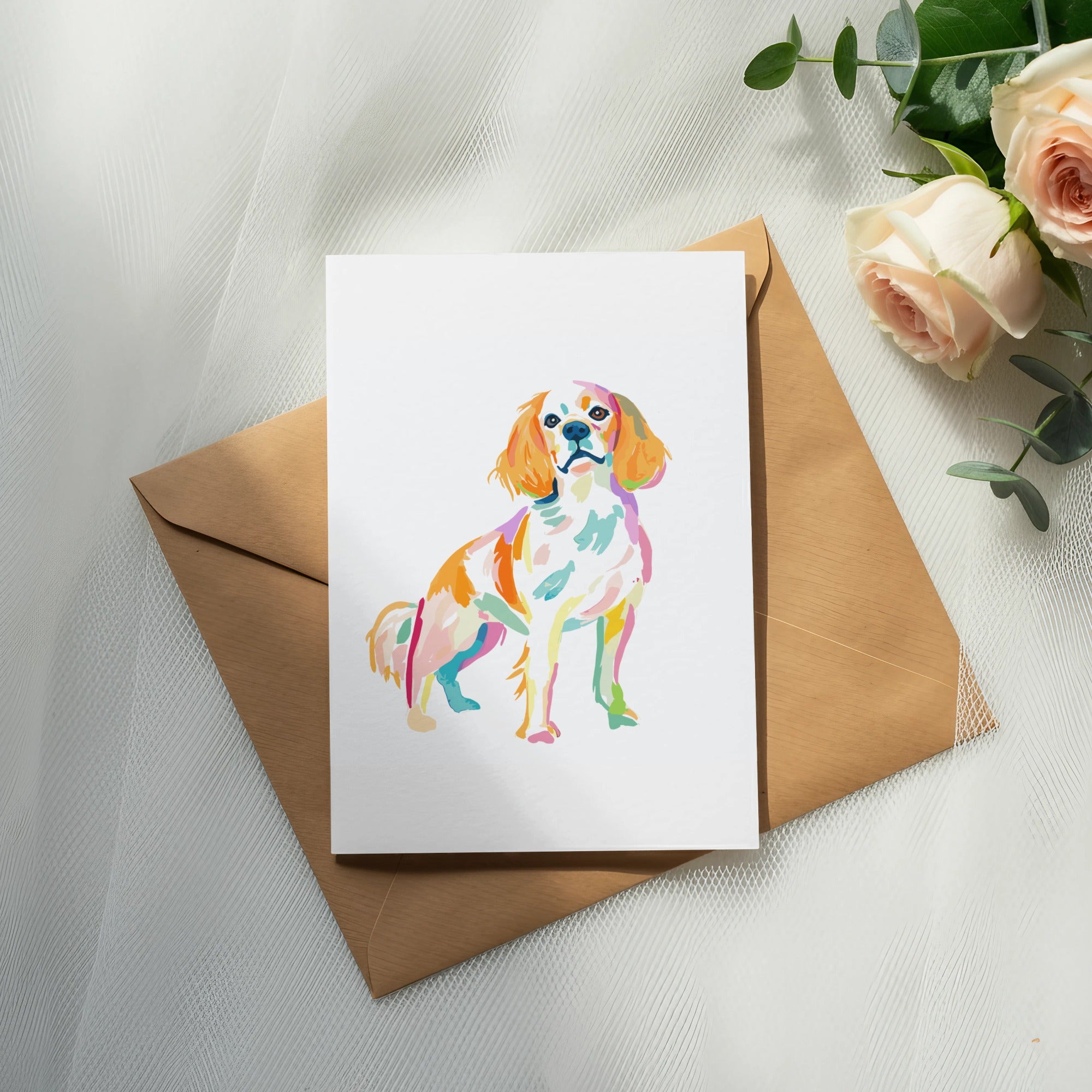 Watercolor painting of a Cavalier King Charles Spaniel on a card.
