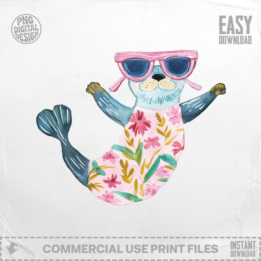 Seal in a pink floral dress and sunglasses with "PNG DIGITAL DESIGN" and "EASY DOWNLOAD".