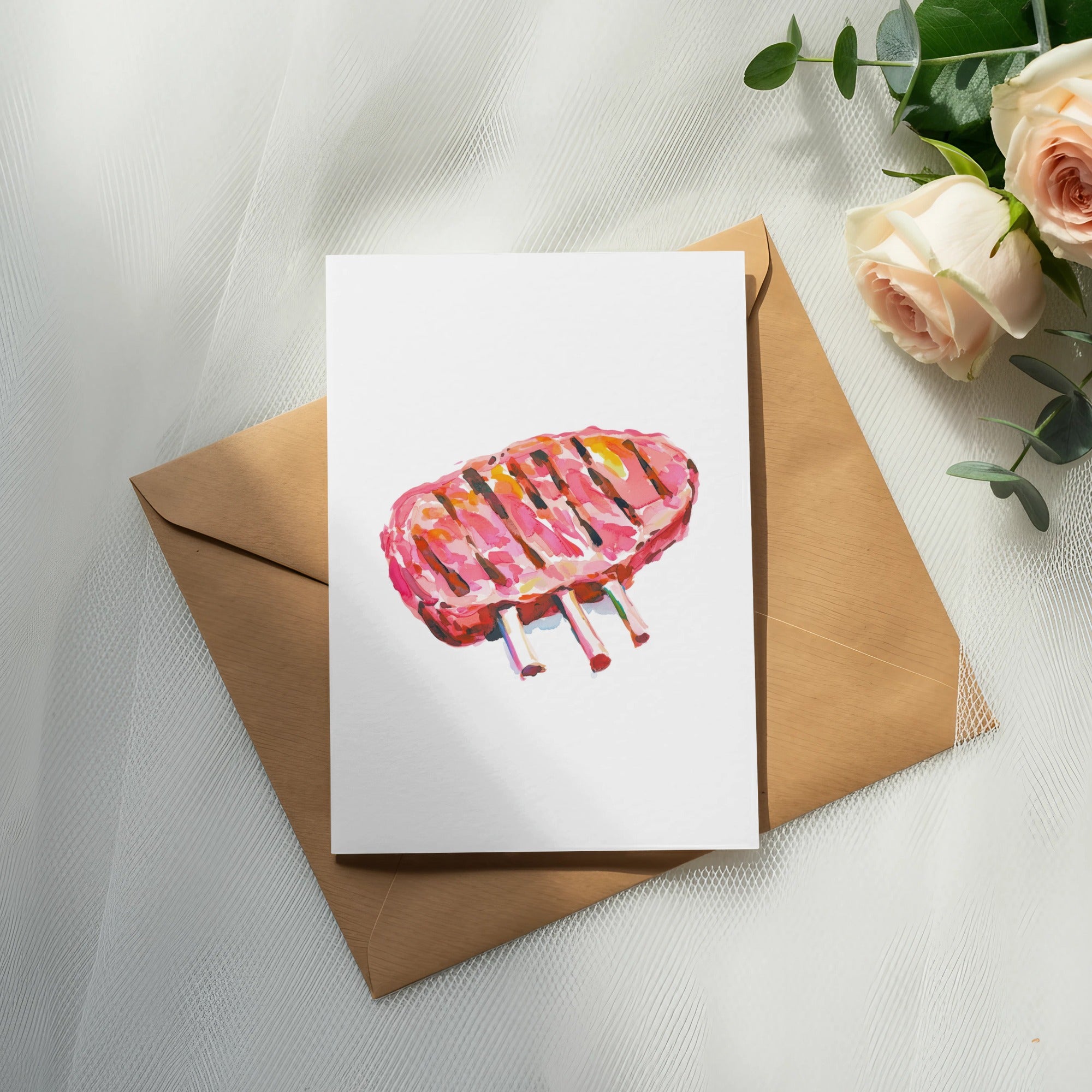 Watercolor illustration of grilled lamb chops on a card, with roses and eucalyptus.