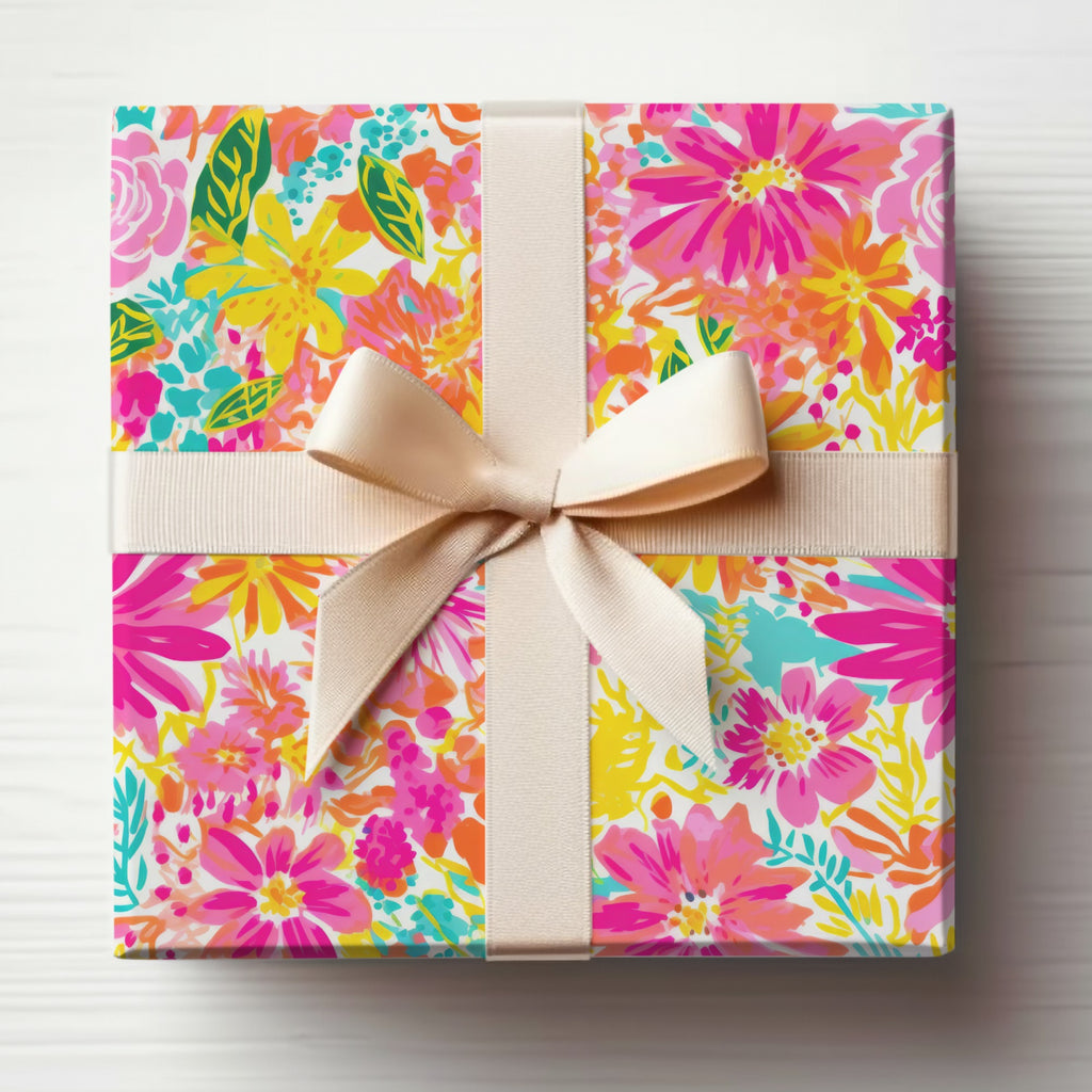 Bright Floral Patterned Gift Wrap with Bow