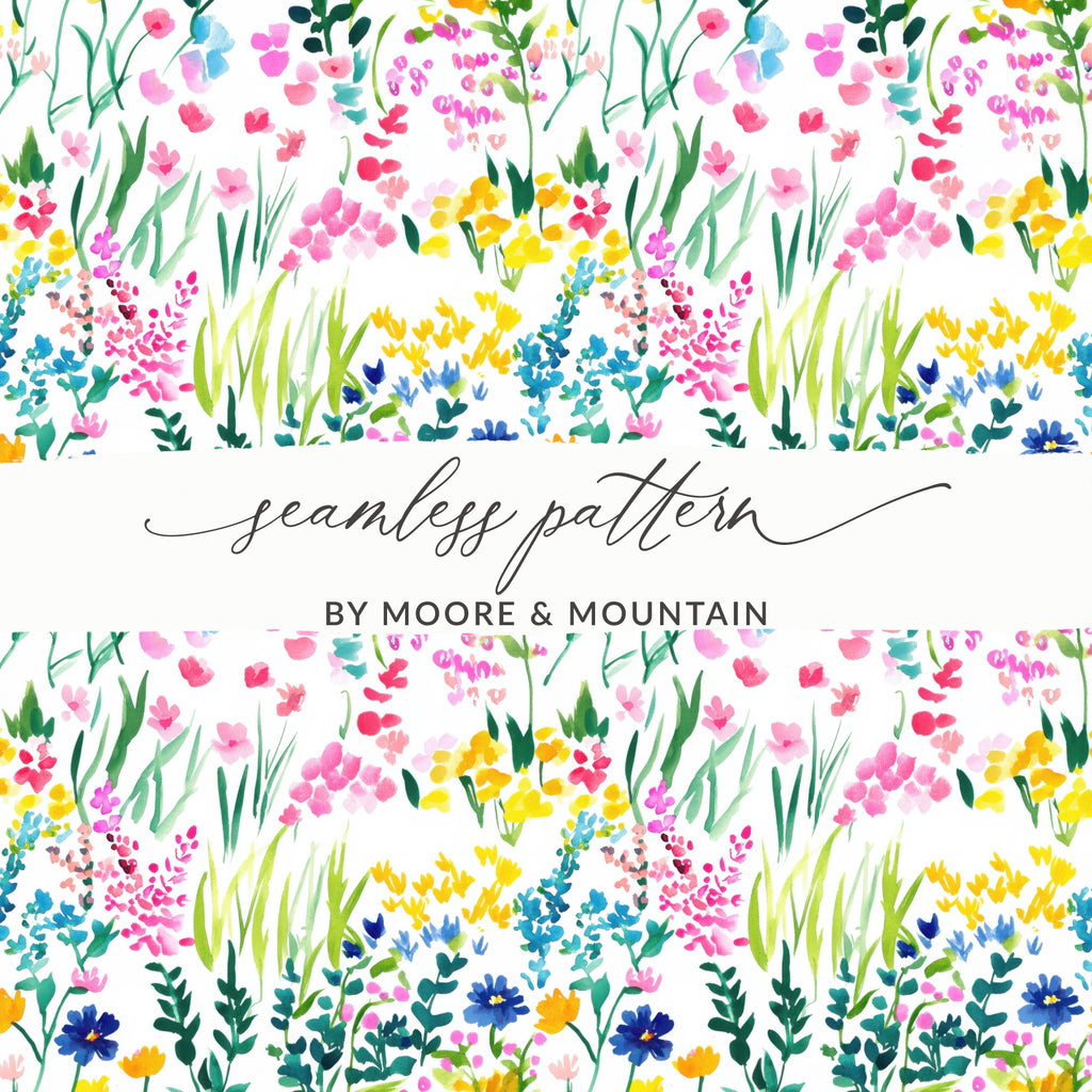 Seamless watercolor pattern of pink, yellow, and blue wildflowers with "seamless pattern" text.