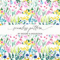 Seamless watercolor pattern of pink, yellow, and blue wildflowers with "seamless pattern" text.