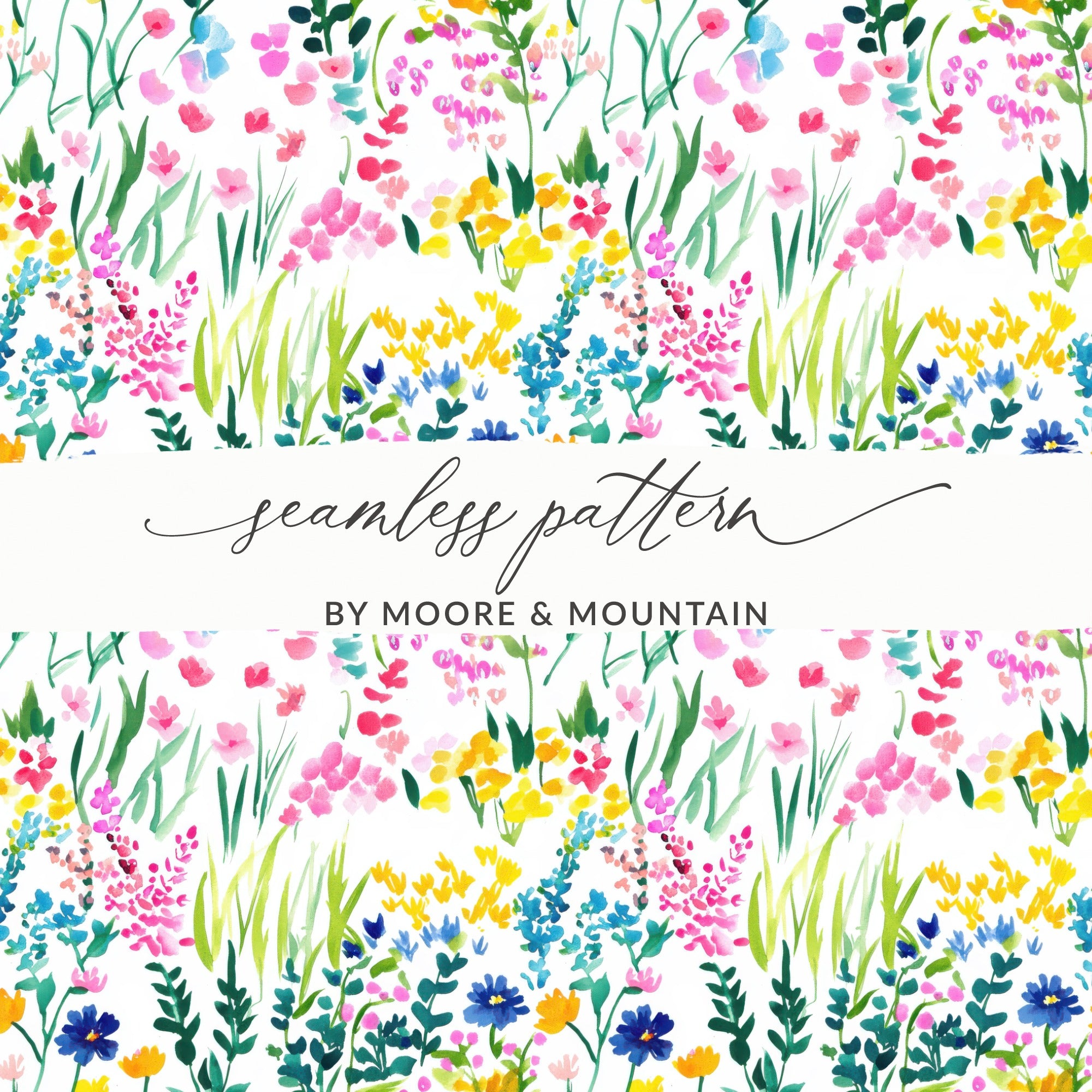 Seamless watercolor pattern of pink, yellow, and blue wildflowers with "seamless pattern" text.