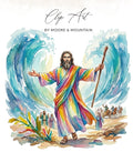 Biblical Moses parts the Red Sea with arms outstretched, rainbow robe.