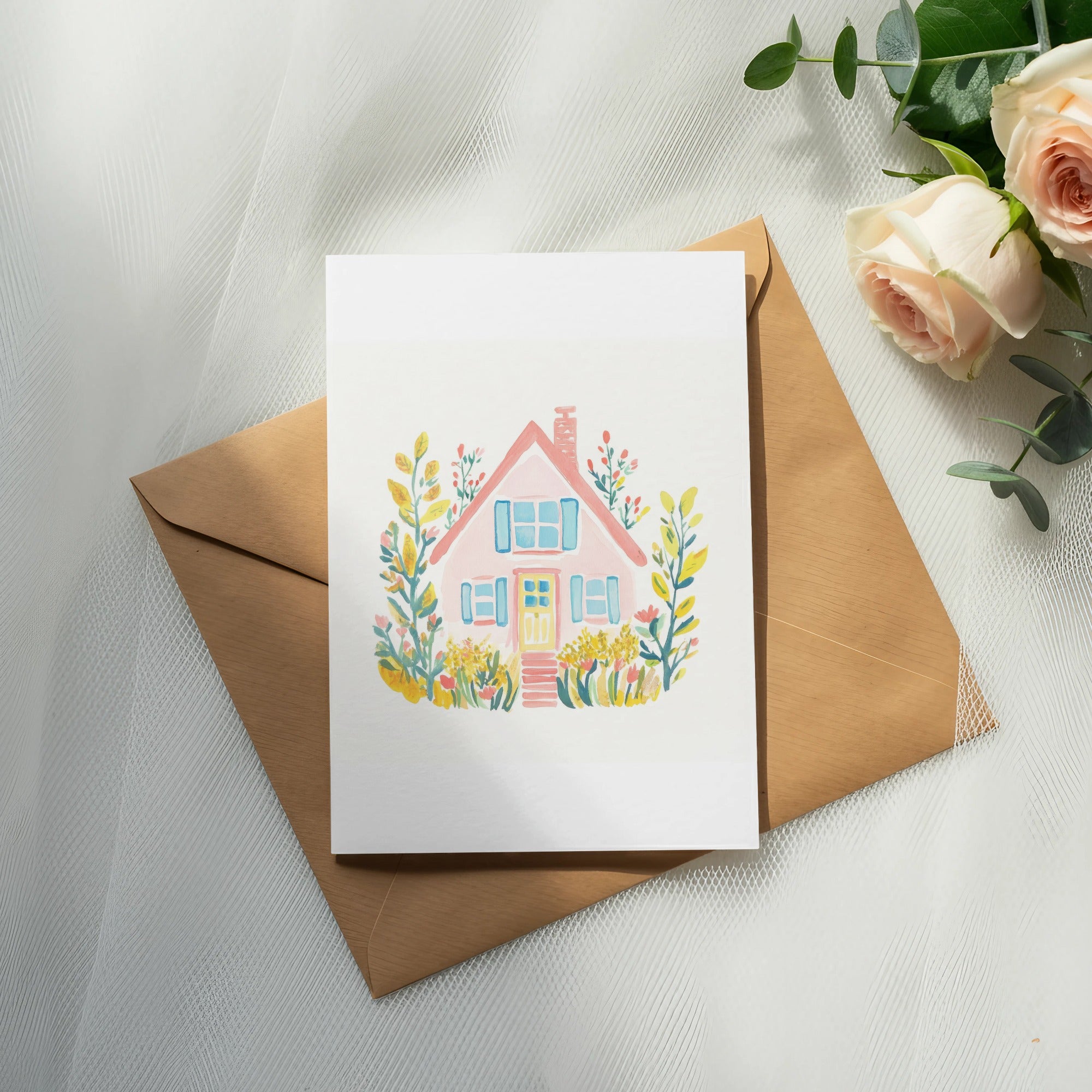 Watercolor illustration of a pink house with blue shutters and yellow flowers.