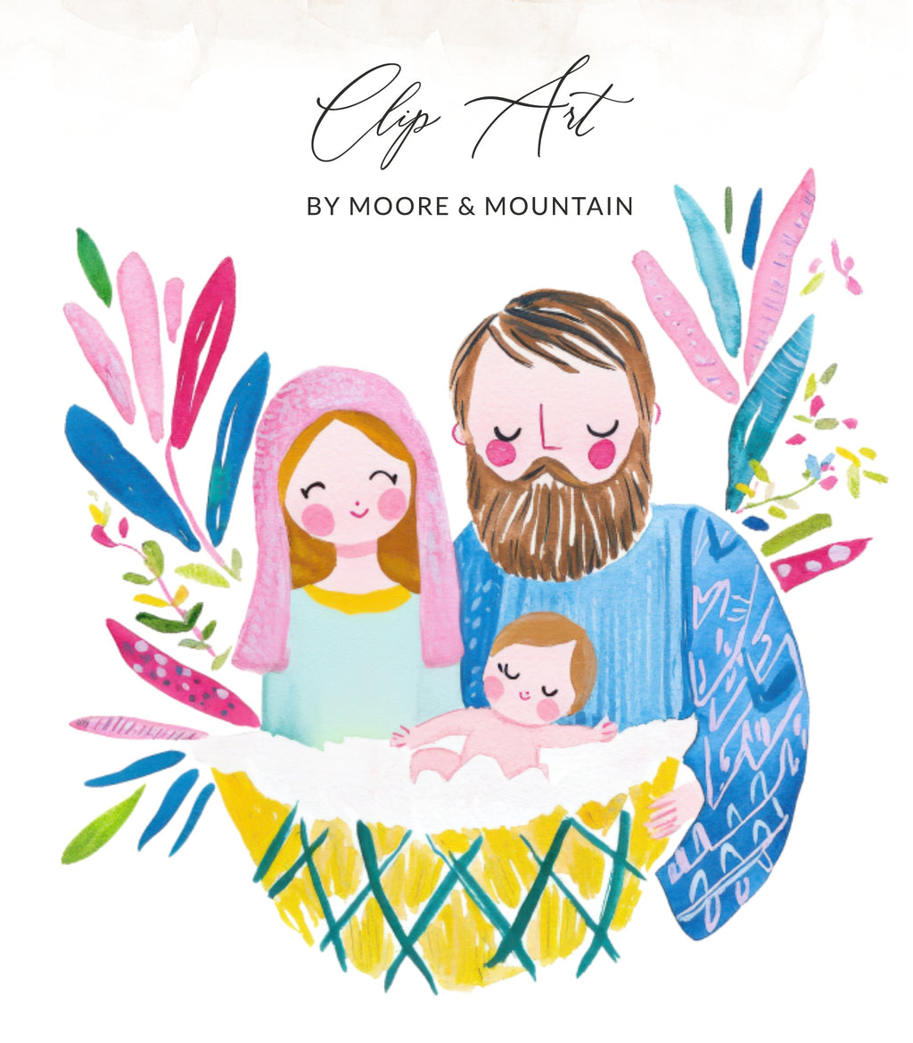 Nativity scene clip art with Mary, Joseph, and baby Jesus in a manger.