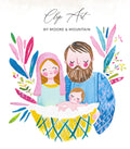 Nativity scene clip art with Mary, Joseph, and baby Jesus in a manger.
