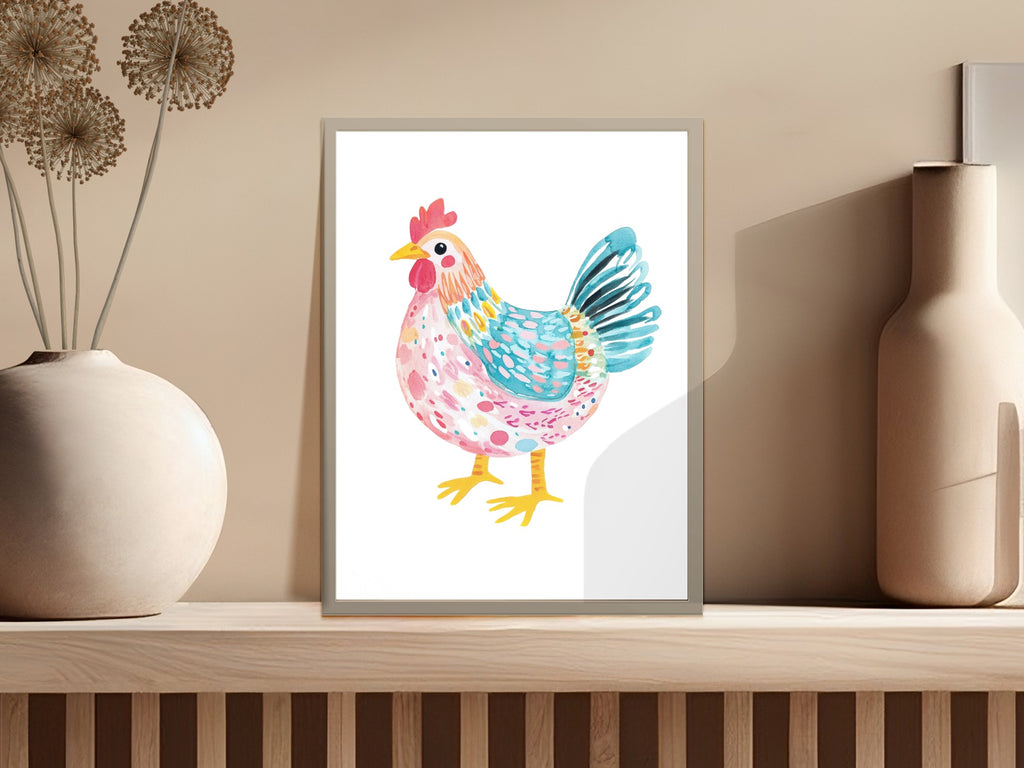 Colorful watercolor chicken art print with textured background.