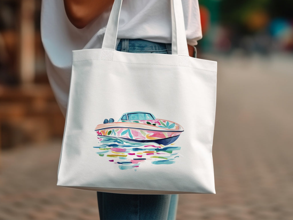 White tote bag with watercolor illustration of a colorful boat on water.