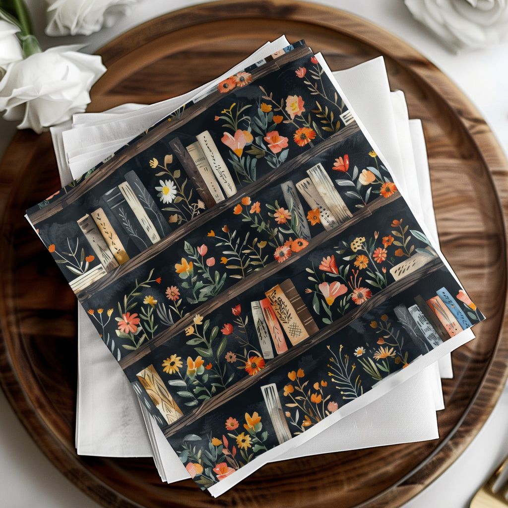Dark Academy Floral BookShelf Black Background Pattern - Moore and Mountain