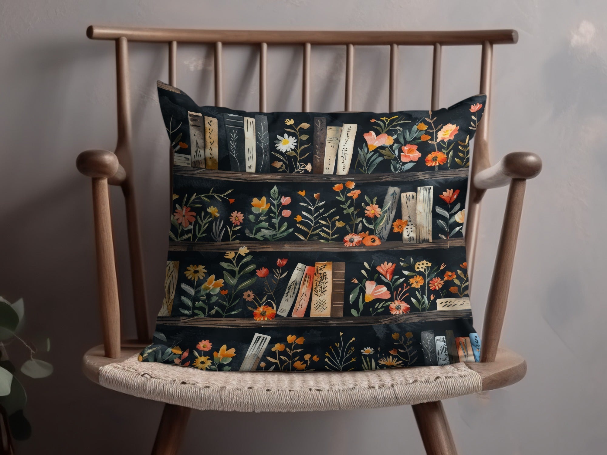 Dark Academy Floral BookShelf Black Background Pattern - Moore and Mountain